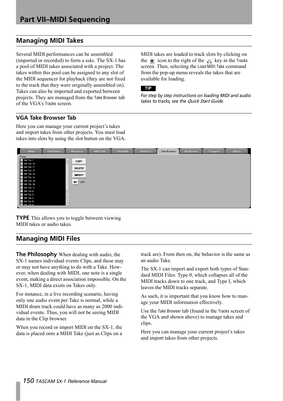 Managing midi takes, Vga take browser tab, Managing midi files | Part vii–midi sequencing | Teac SX-1 Reference Manual User Manual | Page 150 / 213