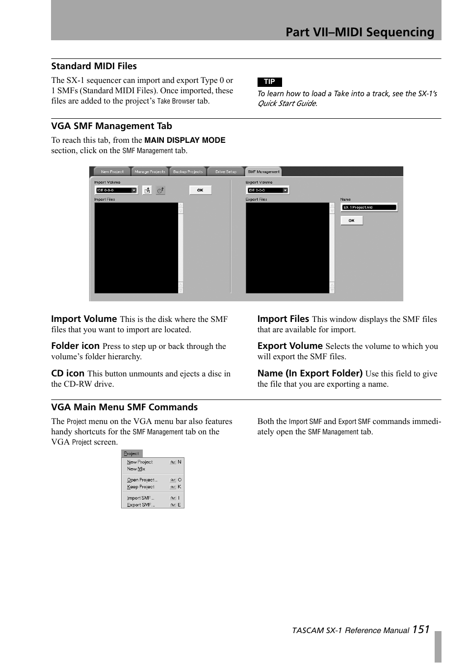 Standard midi files, Vga smf management tab, Vga main menu smf commands | Part vii–midi sequencing | Teac SX-1 Reference Manual User Manual | Page 151 / 213