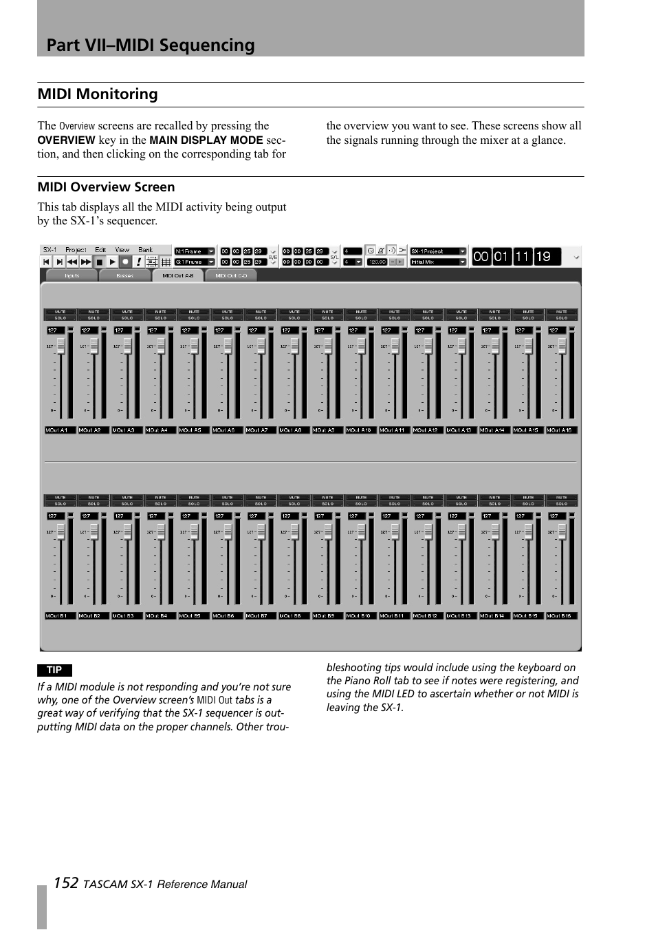 Midi monitoring, Midi overview screen, Part vii–midi sequencing | Teac SX-1 Reference Manual User Manual | Page 152 / 213