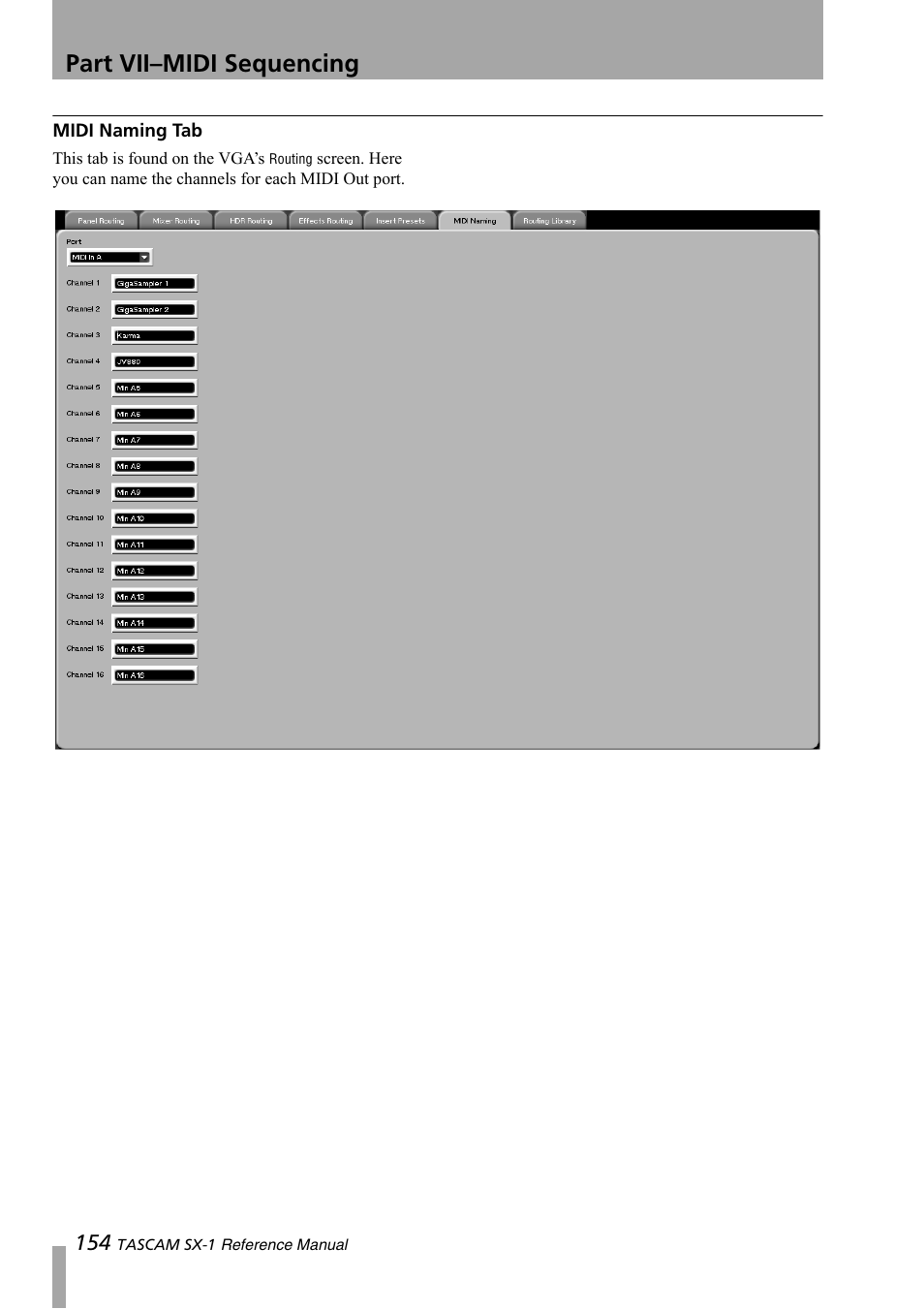 Midi naming tab, Part vii–midi sequencing | Teac SX-1 Reference Manual User Manual | Page 154 / 213