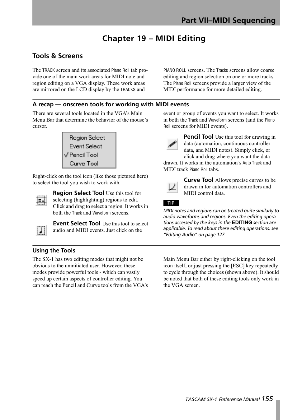 Chapter 19 – midi editing, Tools & screens, Using the tools | Part vii–midi sequencing | Teac SX-1 Reference Manual User Manual | Page 155 / 213