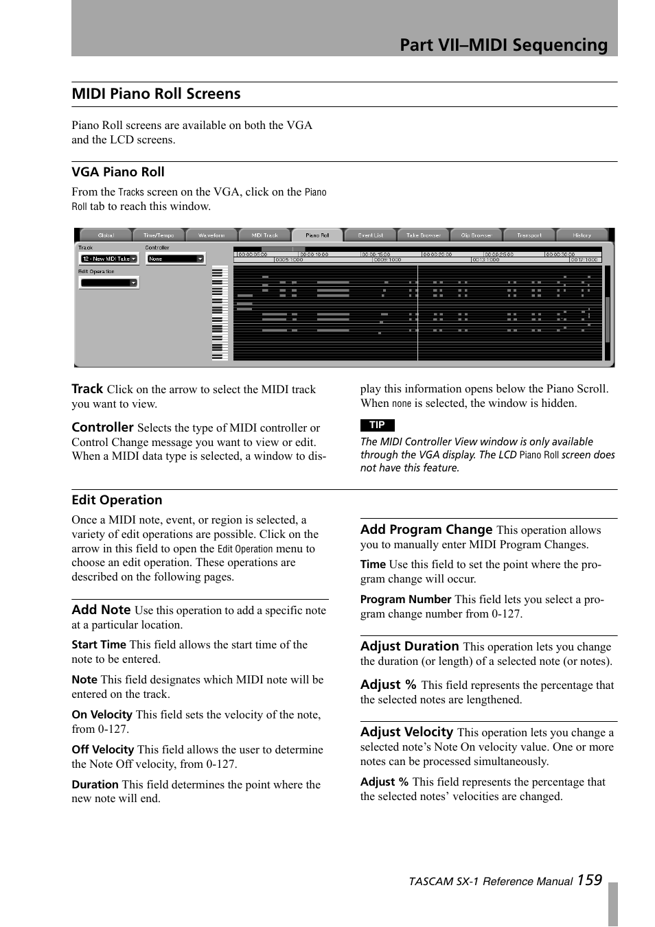 Midi piano roll screens, Vga piano roll, Edit operation | Part vii–midi sequencing, 159 midi piano roll screens | Teac SX-1 Reference Manual User Manual | Page 159 / 213