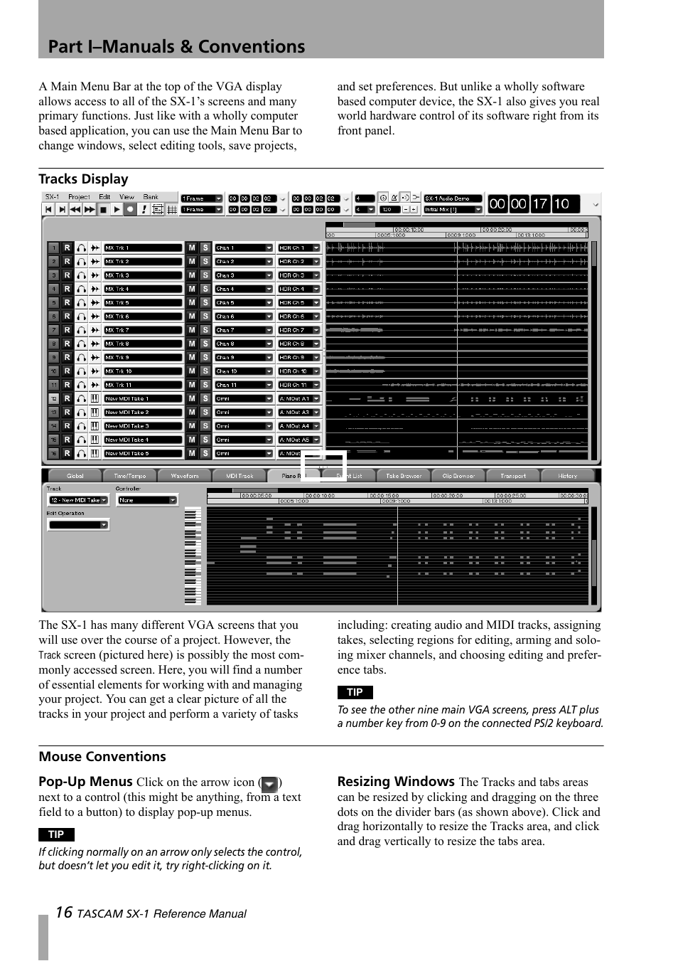 Tracks display, Mouse conventions, Part i–manuals & conventions | Teac SX-1 Reference Manual User Manual | Page 16 / 213