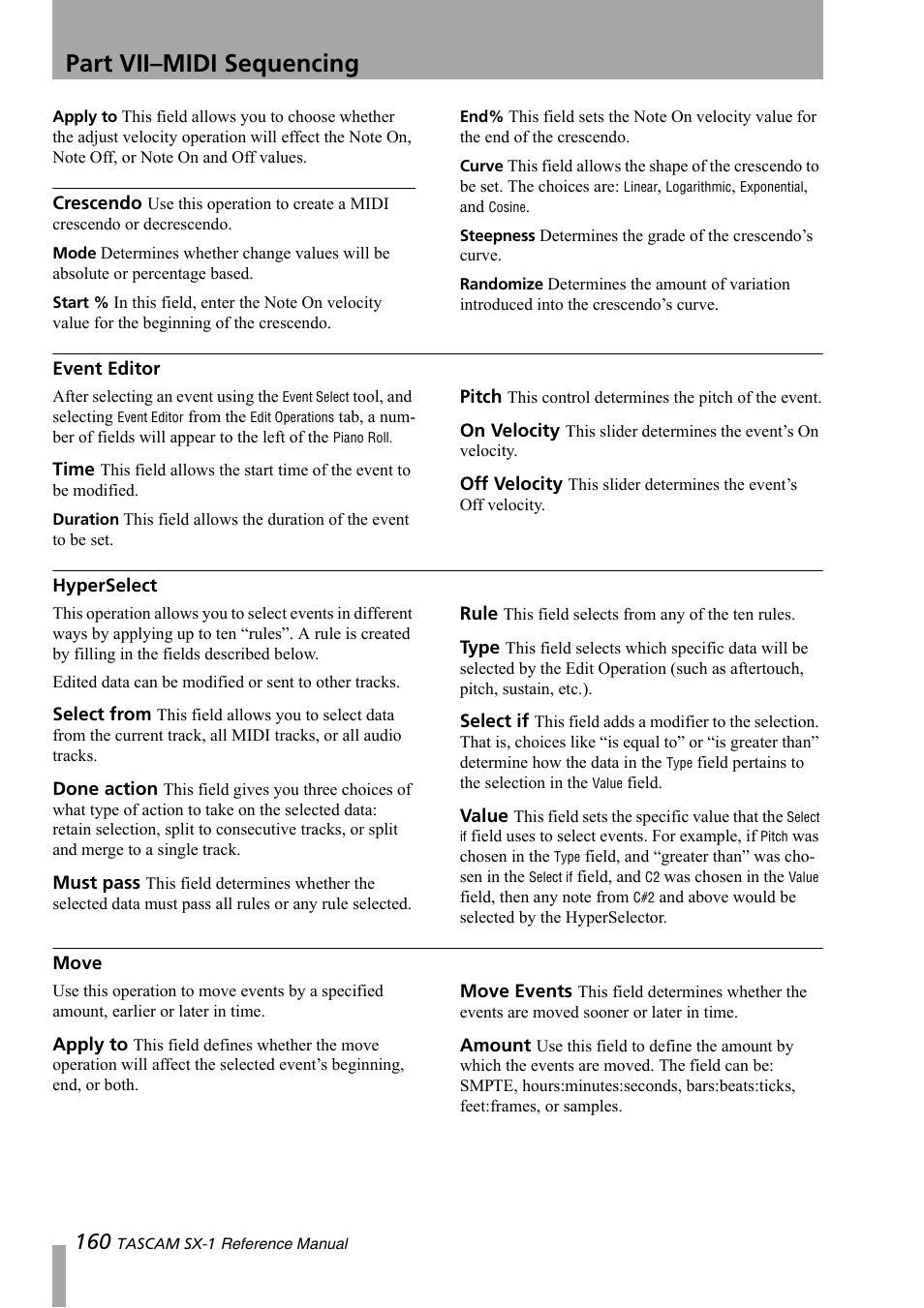 Event editor, Hyperselect, Move | Part vii–midi sequencing | Teac SX-1 Reference Manual User Manual | Page 160 / 213