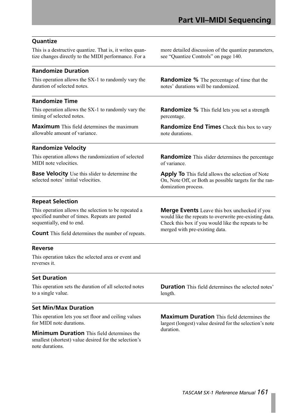 Quantize, Randomize duration, Randomize time | Randomize velocity, Repeat selection, Reverse, Set duration, Set min/max duration, Part vii–midi sequencing | Teac SX-1 Reference Manual User Manual | Page 161 / 213