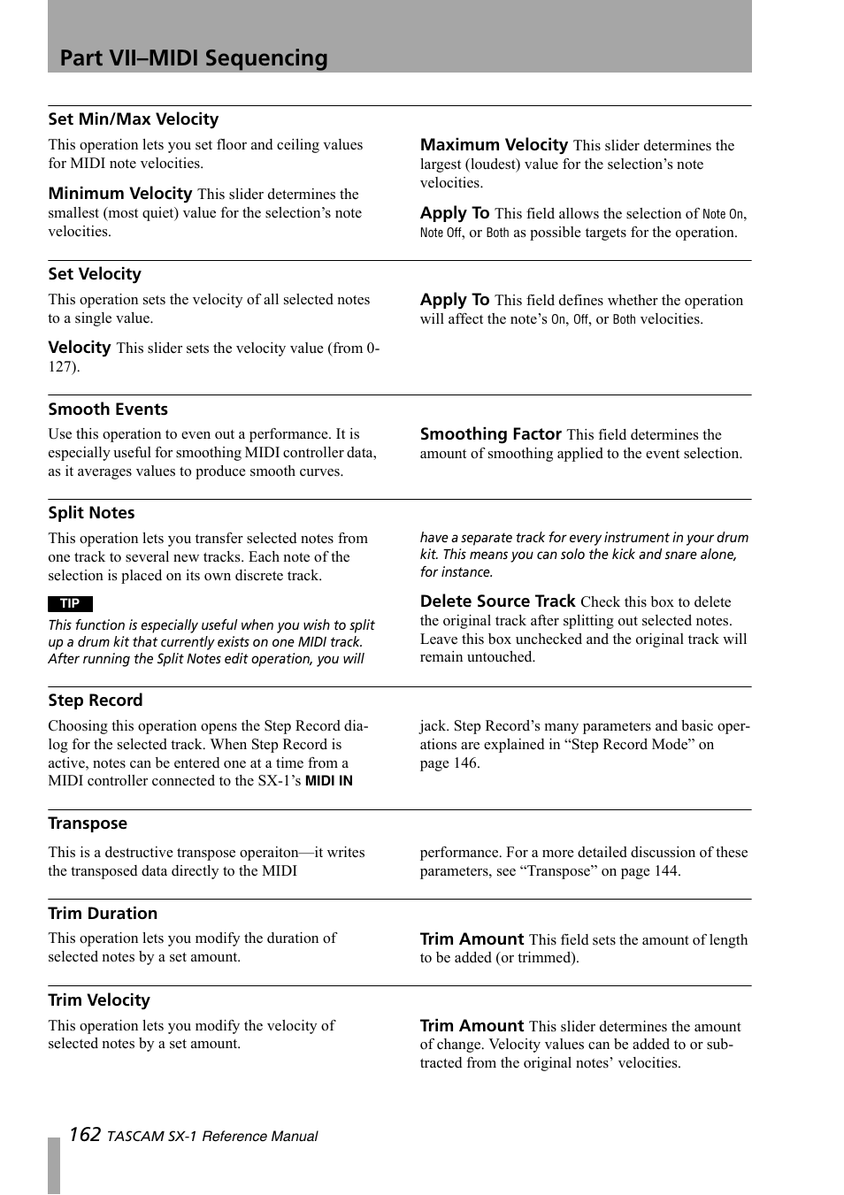 Set min/max velocity, Set velocity, Smooth events | Split notes, Step record, Transpose, Trim duration, Trim velocity, Part vii–midi sequencing | Teac SX-1 Reference Manual User Manual | Page 162 / 213