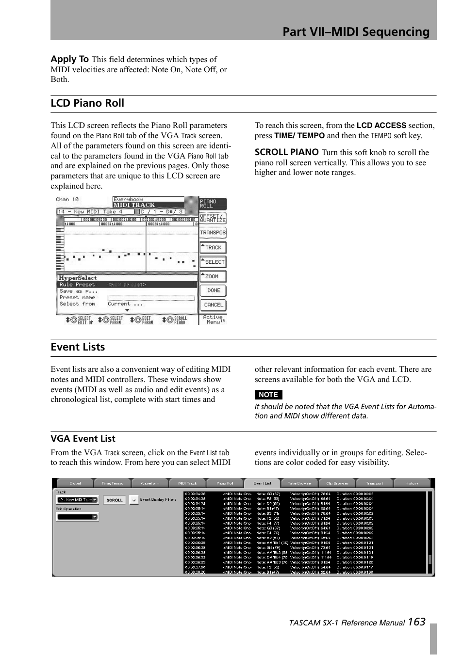 Lcd piano roll, Event lists, Vga event list | Part vii–midi sequencing | Teac SX-1 Reference Manual User Manual | Page 163 / 213