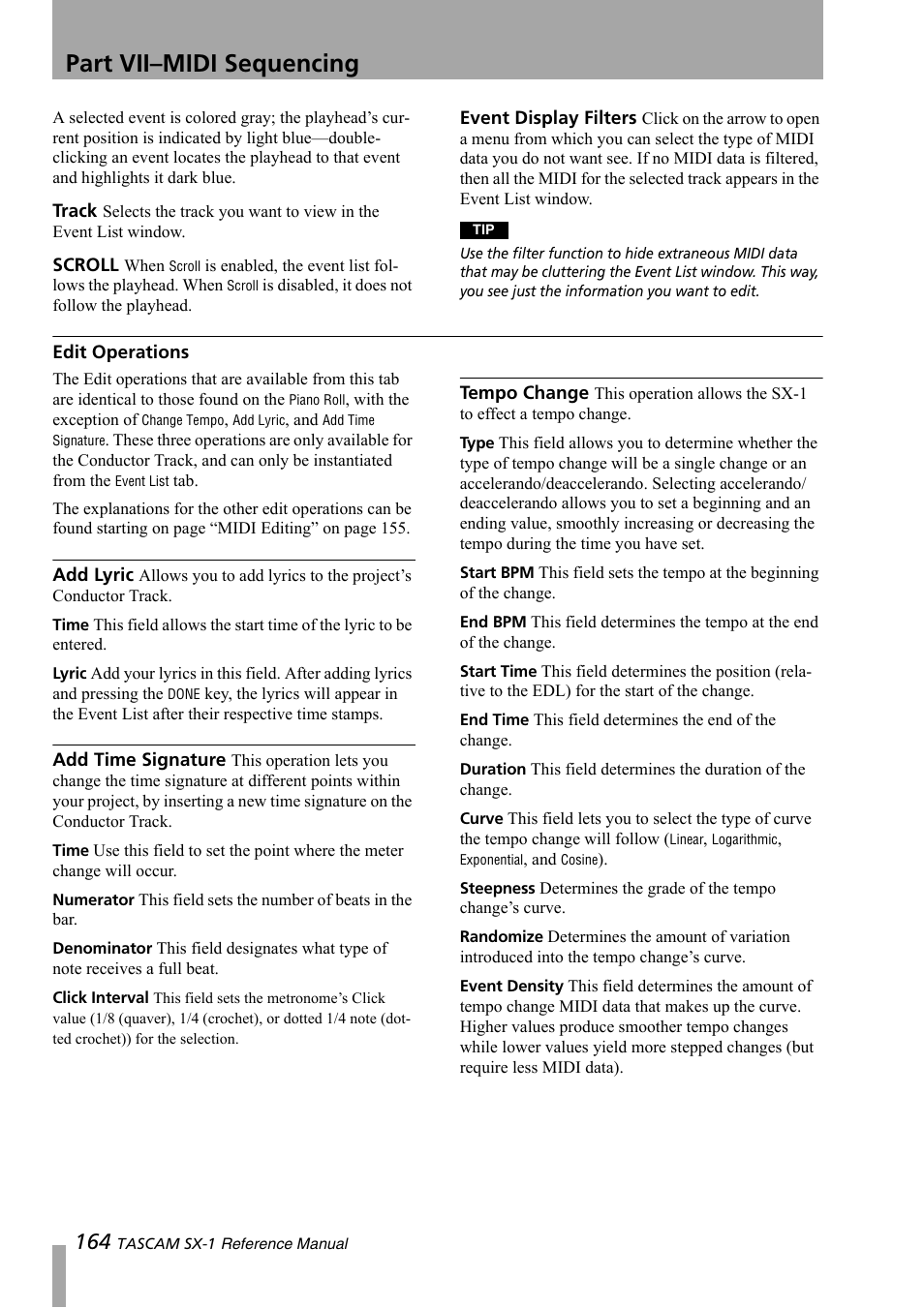 Edit operations, Part vii–midi sequencing | Teac SX-1 Reference Manual User Manual | Page 164 / 213