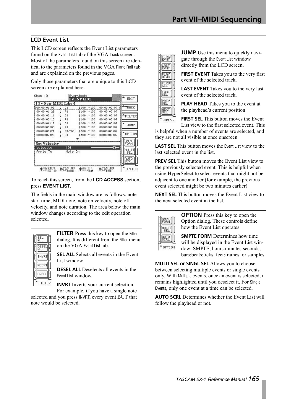 Lcd event list, Part vii–midi sequencing | Teac SX-1 Reference Manual User Manual | Page 165 / 213