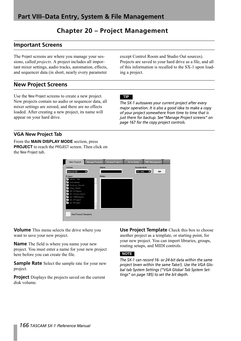 Part viii– data entry, system & file management, Chapter 20 – project management, Important screens | New project screens, Vga new project tab | Teac SX-1 Reference Manual User Manual | Page 166 / 213