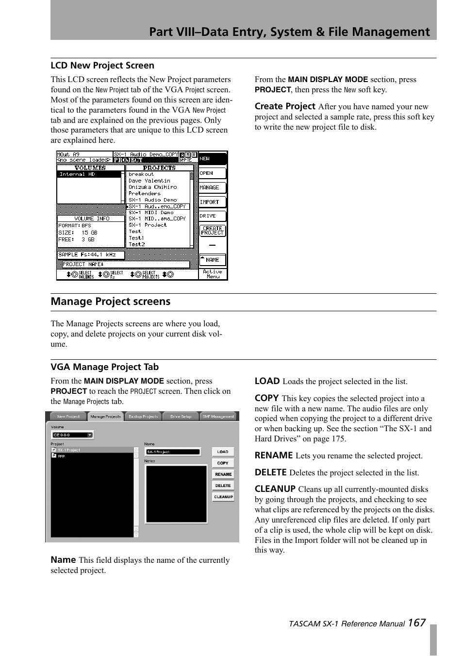 Lcd new project screen, Manage project screens, Vga manage project tab | Part viii–data entry, system & file management | Teac SX-1 Reference Manual User Manual | Page 167 / 213