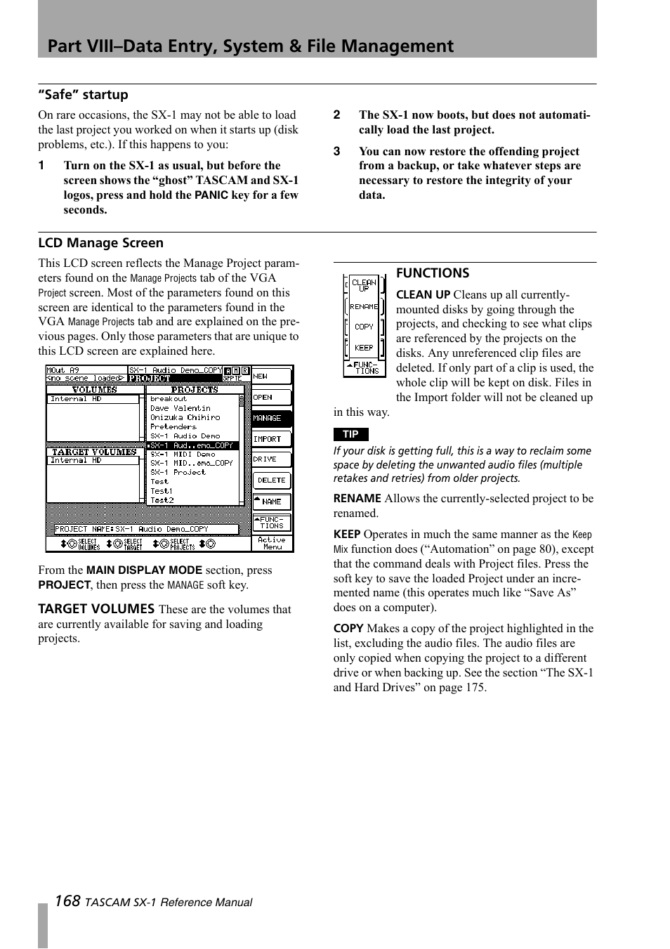 Safe” startup, Lcd manage screen, Part viii–data entry, system & file management | Teac SX-1 Reference Manual User Manual | Page 168 / 213