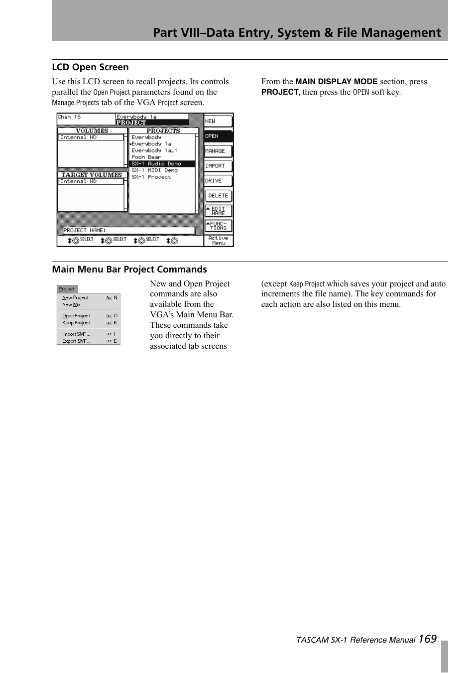 Lcd open screen, Main menu bar project commands, Part viii–data entry, system & file management | Teac SX-1 Reference Manual User Manual | Page 169 / 213