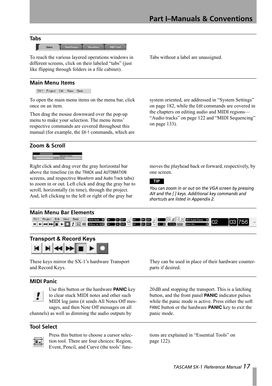 Tabs, Main menu items, Zoom & scroll | Main menu bar elements, Transport & record keys, Midi panic, Tool select, Part i–manuals & conventions | Teac SX-1 Reference Manual User Manual | Page 17 / 213