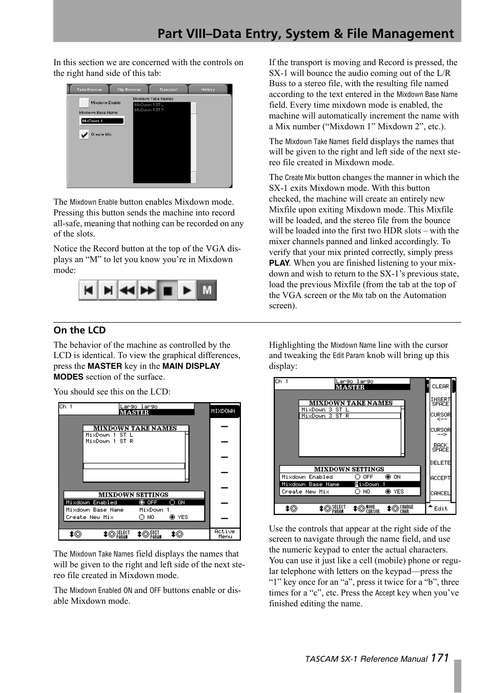 On the lcd, Part viii–data entry, system & file management | Teac SX-1 Reference Manual User Manual | Page 171 / 213