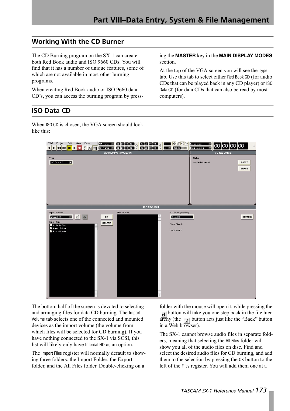 Working with the cd burner, Iso data cd, Part viii–data entry, system & file management | 173 working with the cd burner | Teac SX-1 Reference Manual User Manual | Page 173 / 213