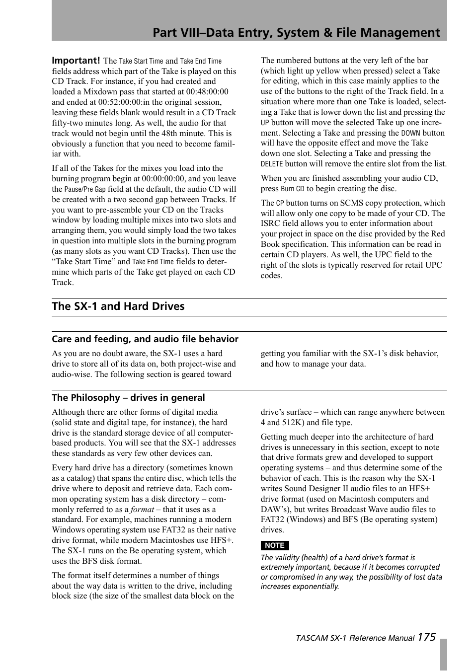 The sx-1 and hard drives, Care and feeding, and audio file behavior, The philosophy – drives in general | Part viii–data entry, system & file management | Teac SX-1 Reference Manual User Manual | Page 175 / 213