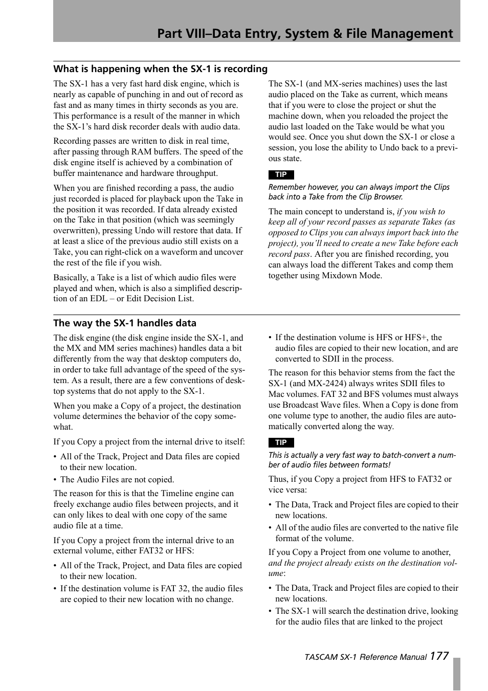 What is happening when the sx-1 is recording, The way the sx-1 handles data, Part viii–data entry, system & file management | Teac SX-1 Reference Manual User Manual | Page 177 / 213