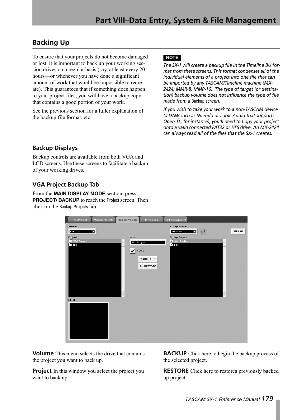 Backing up, Backup displays, Vga project backup tab | Part viii–data entry, system & file management, 179 backing up | Teac SX-1 Reference Manual User Manual | Page 179 / 213