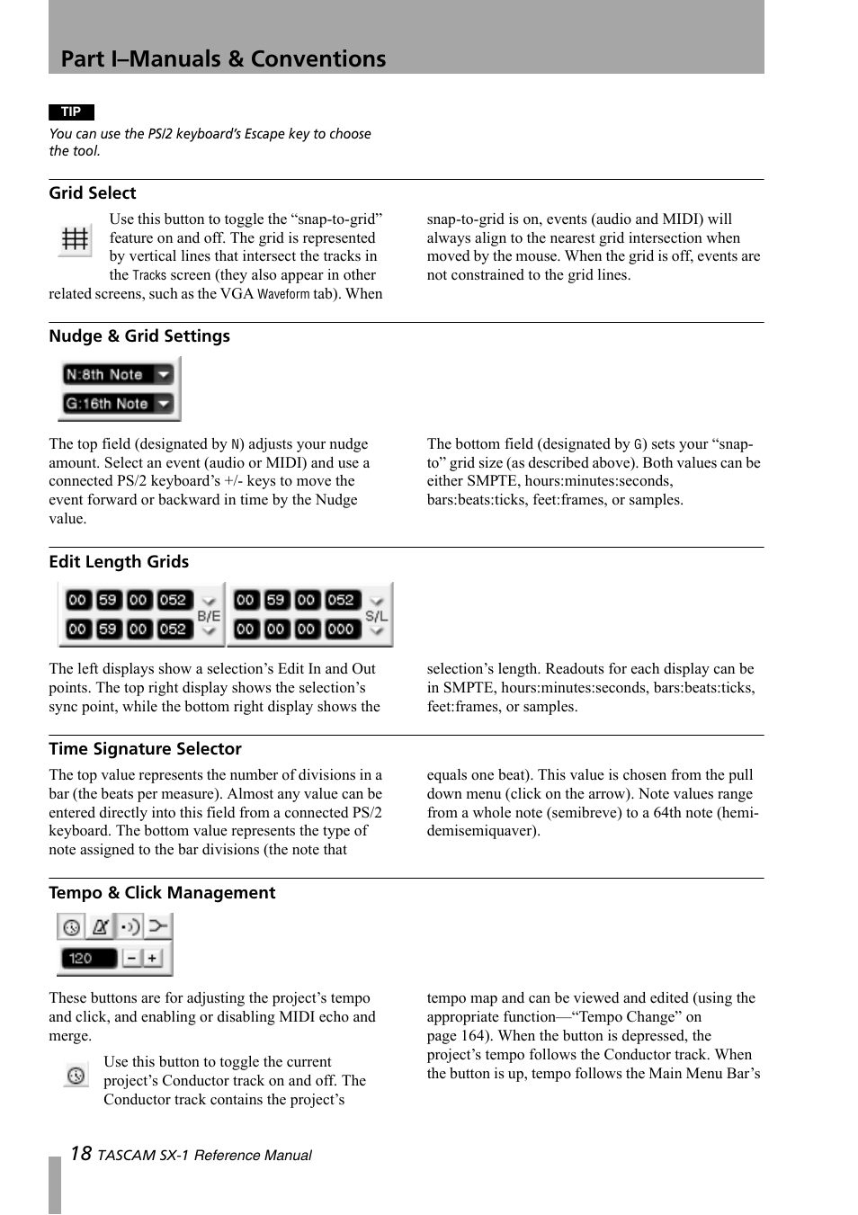 Grid select, Nudge & grid settings, Edit length grids | Time signature selector, Tempo & click management, Part i–manuals & conventions | Teac SX-1 Reference Manual User Manual | Page 18 / 213