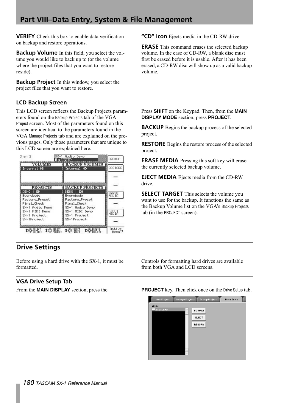 Lcd backup screen, Drive settings, Vga drive setup tab | Part viii–data entry, system & file management | Teac SX-1 Reference Manual User Manual | Page 180 / 213