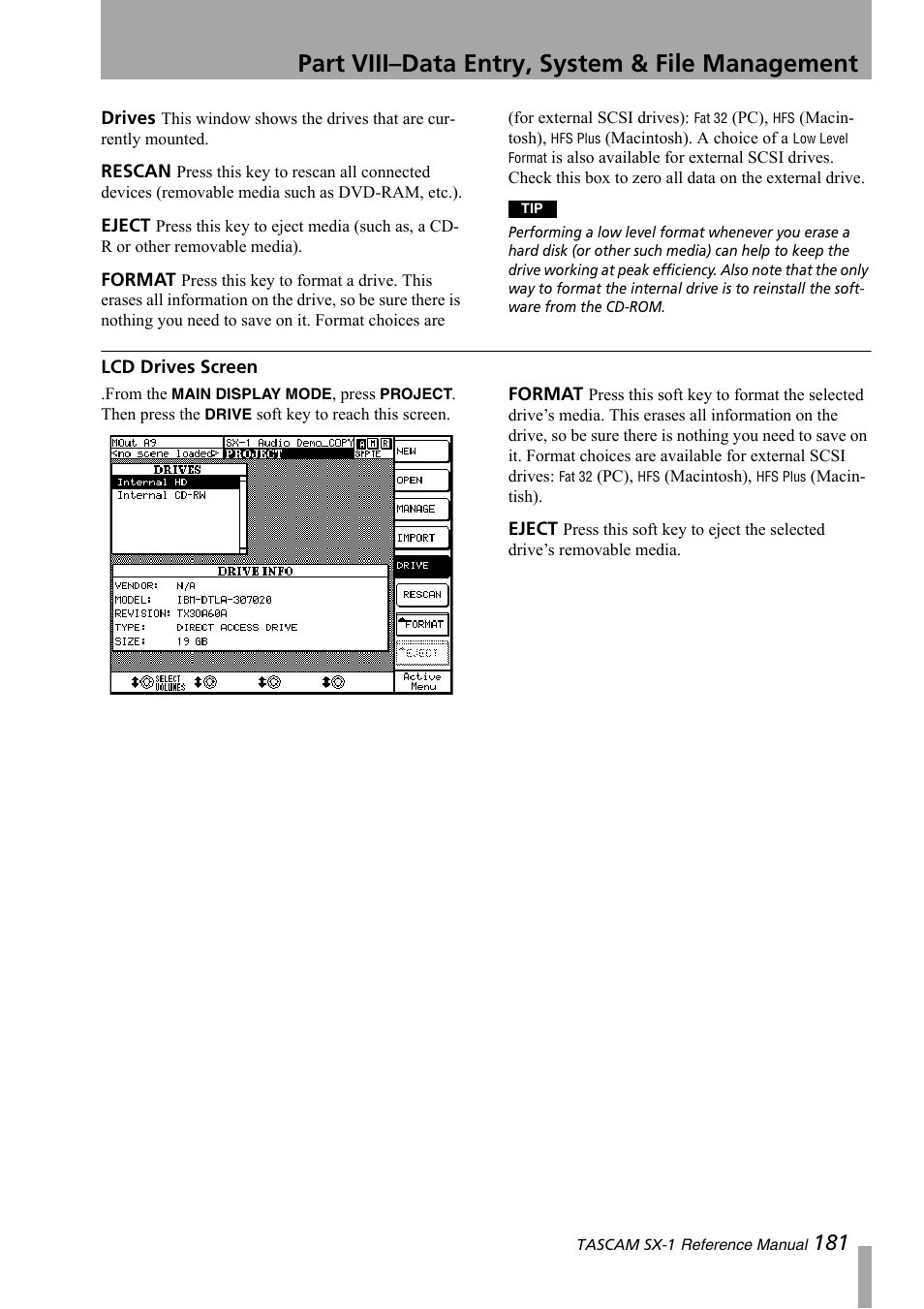 Lcd drives screen, Part viii–data entry, system & file management | Teac SX-1 Reference Manual User Manual | Page 181 / 213