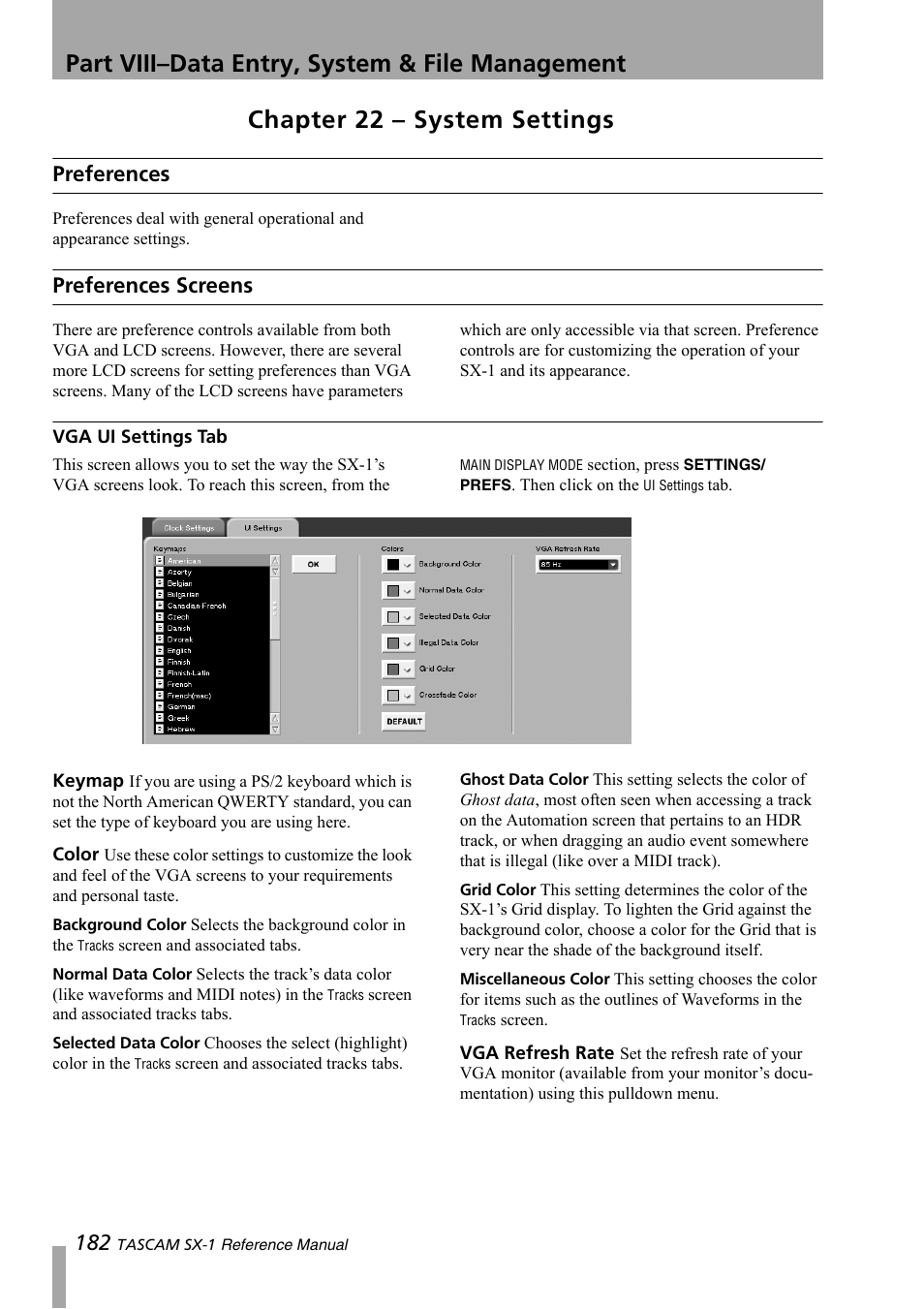 Chapter 22 – system settings, Preferences, Preferences screens | Vga ui settings tab, Part viii–data entry, system & file management | Teac SX-1 Reference Manual User Manual | Page 182 / 213