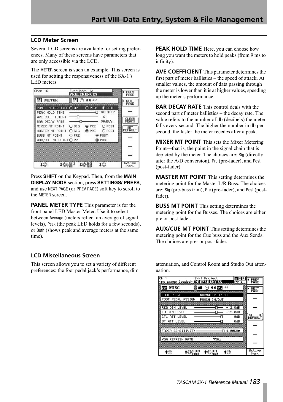 Lcd meter screen, Lcd miscellaneous screen, Part viii–data entry, system & file management | Teac SX-1 Reference Manual User Manual | Page 183 / 213