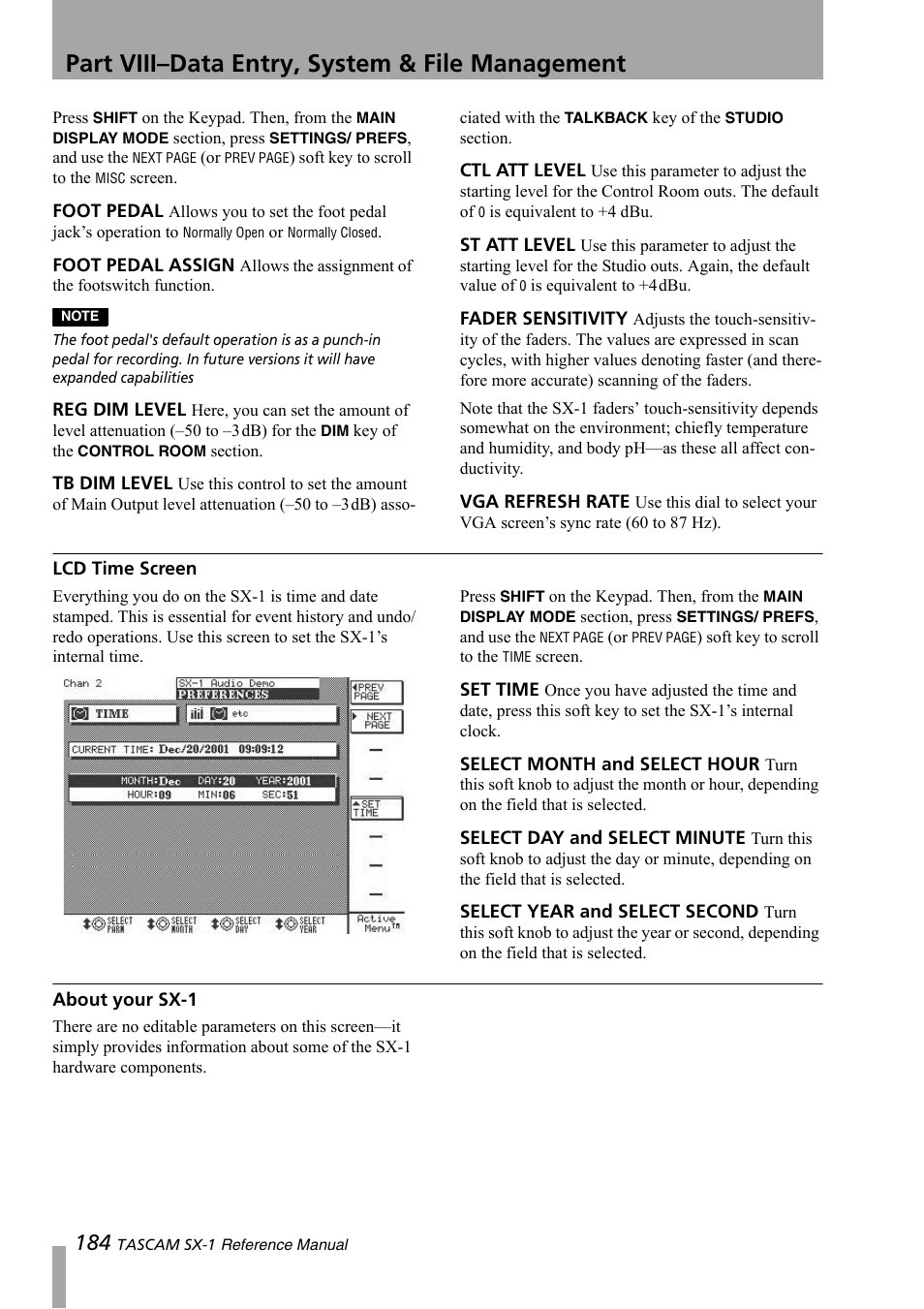 Lcd time screen, About your sx-1, Part viii–data entry, system & file management | Teac SX-1 Reference Manual User Manual | Page 184 / 213