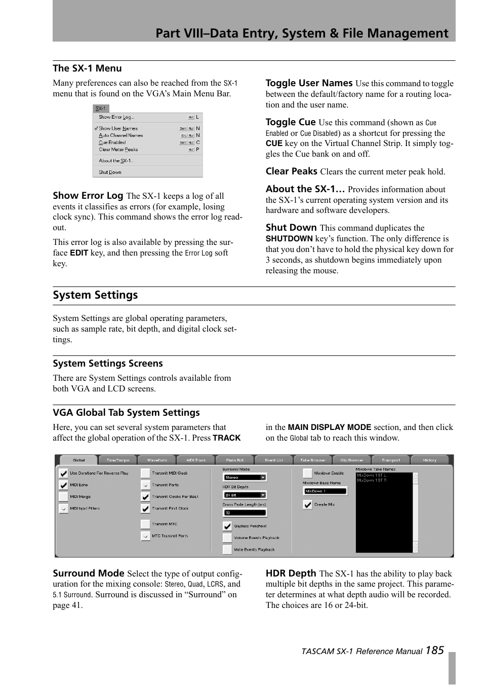The sx-1 menu, System settings, System settings screens | Vga global tab system settings, Part viii–data entry, system & file management | Teac SX-1 Reference Manual User Manual | Page 185 / 213