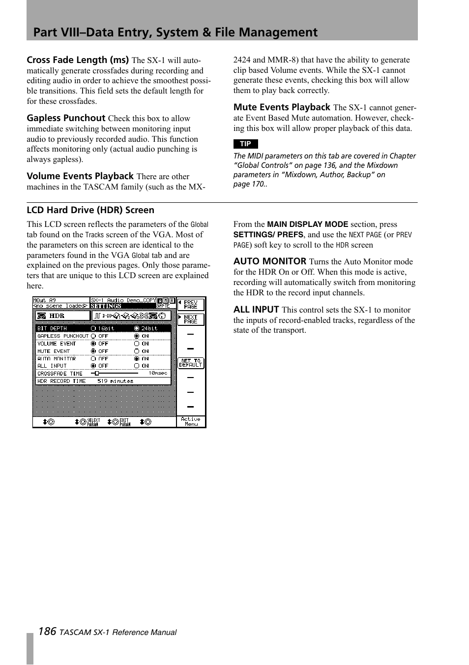 Lcd hard drive (hdr) screen, Part viii–data entry, system & file management | Teac SX-1 Reference Manual User Manual | Page 186 / 213