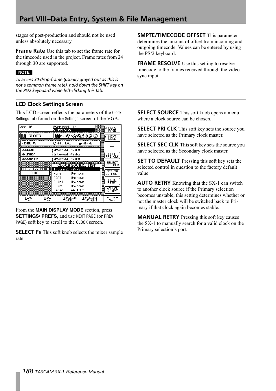 Lcd clock settings screen, Part viii–data entry, system & file management | Teac SX-1 Reference Manual User Manual | Page 188 / 213