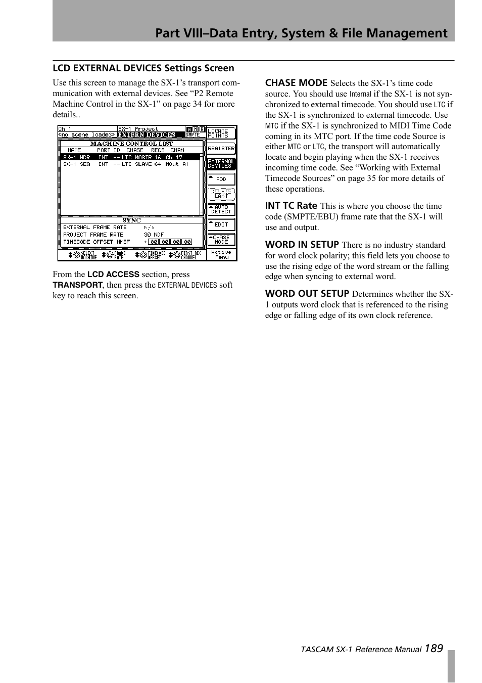Lcd external devices settings screen, Part viii–data entry, system & file management | Teac SX-1 Reference Manual User Manual | Page 189 / 213