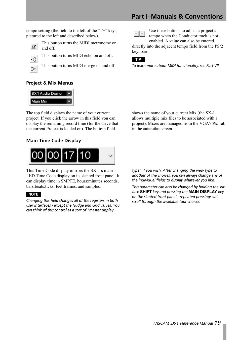 Project & mix menus, Main time code display, Part i–manuals & conventions | Teac SX-1 Reference Manual User Manual | Page 19 / 213