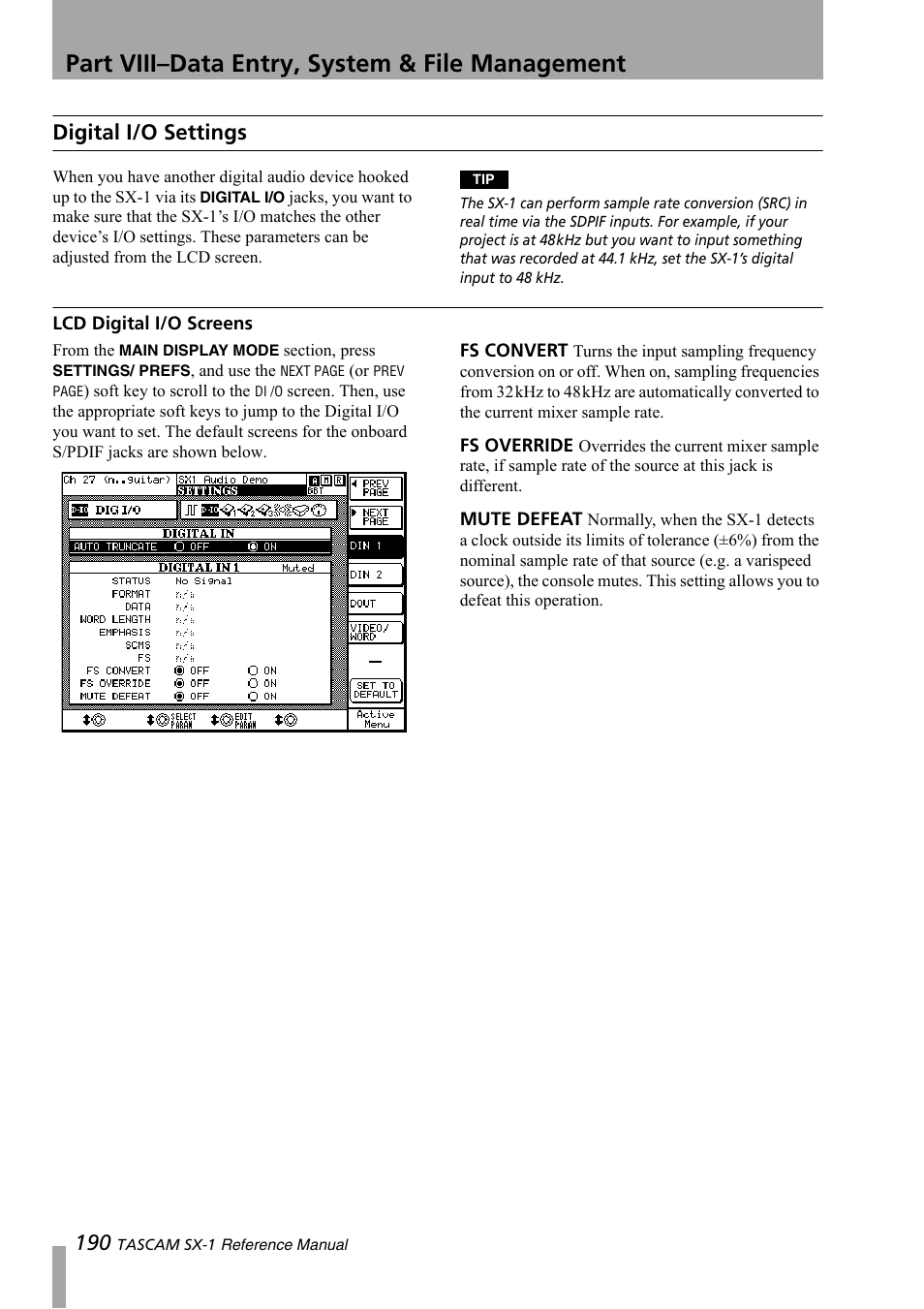 Digital i/o settings, Lcd digital i/o screens, Part viii–data entry, system & file management | Teac SX-1 Reference Manual User Manual | Page 190 / 213