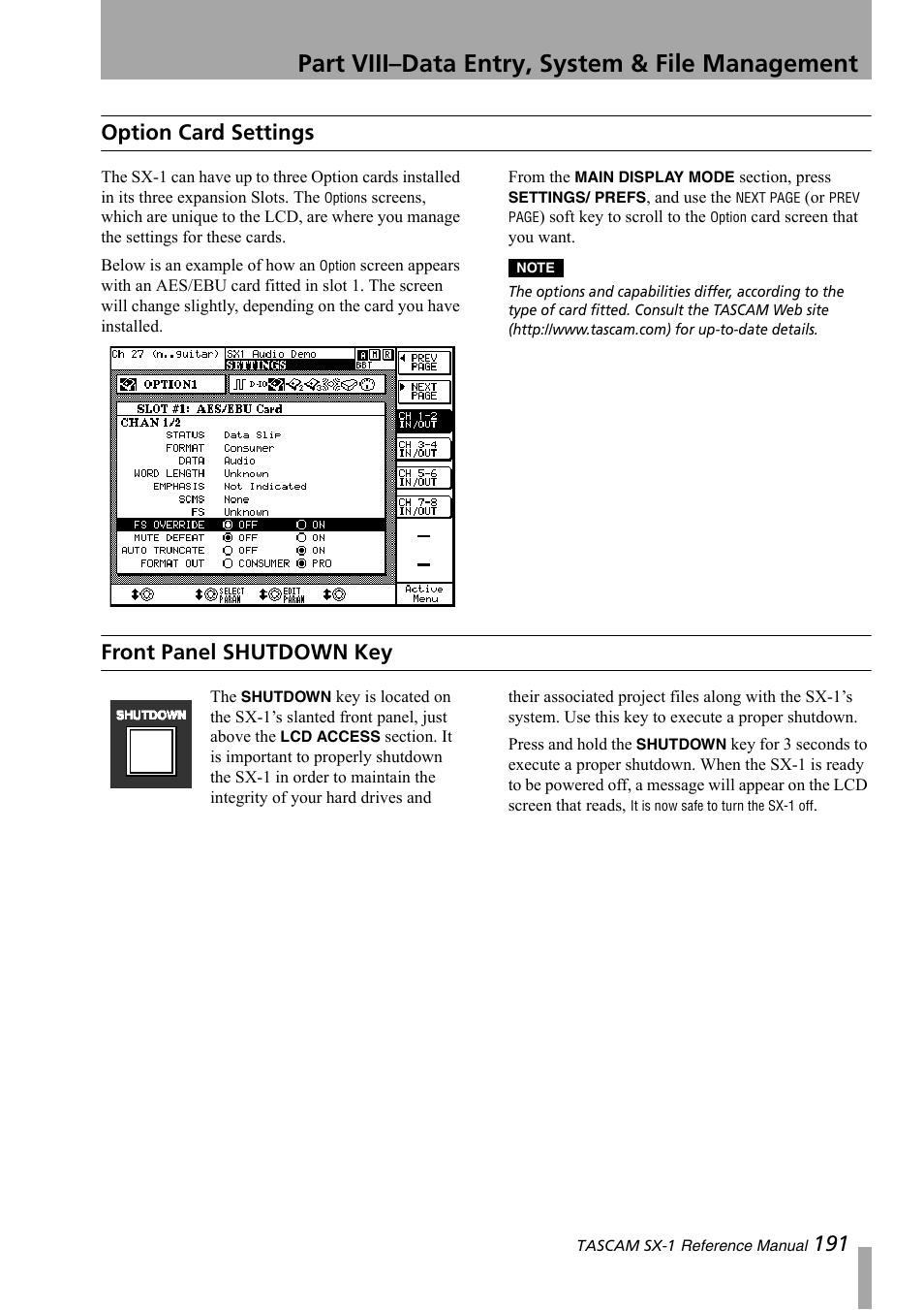 Option card settings, Front panel shutdown key, Part viii–data entry, system & file management | 191 option card settings | Teac SX-1 Reference Manual User Manual | Page 191 / 213