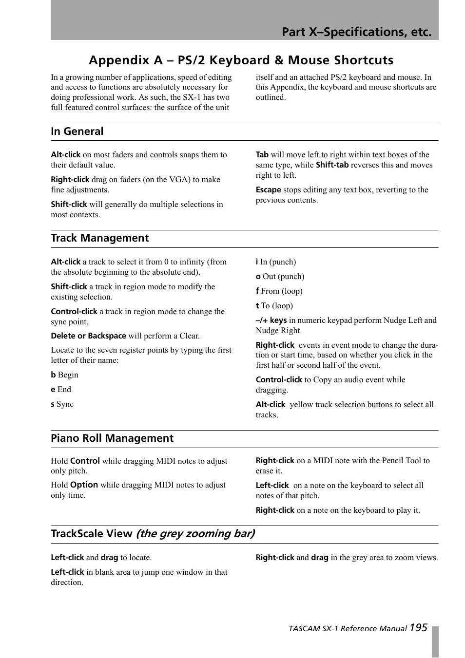 Part x– specifications, etc, Appendix a – ps/2 keyboard & mouse shortcuts, In general | Track management, Piano roll management, Trackscale view (the grey zooming bar), The grey zooming bar), Trackscale view | Teac SX-1 Reference Manual User Manual | Page 195 / 213