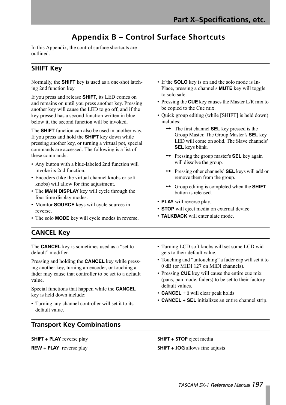 Appendix b – control surface shortcuts, Shift key, Cancel key | Transport key combinations, Part x–specifications, etc | Teac SX-1 Reference Manual User Manual | Page 197 / 213