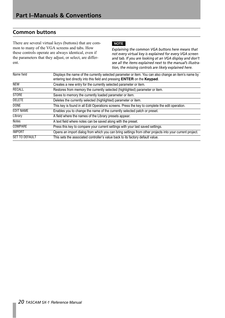 Common buttons, Part i–manuals & conventions | Teac SX-1 Reference Manual User Manual | Page 20 / 213