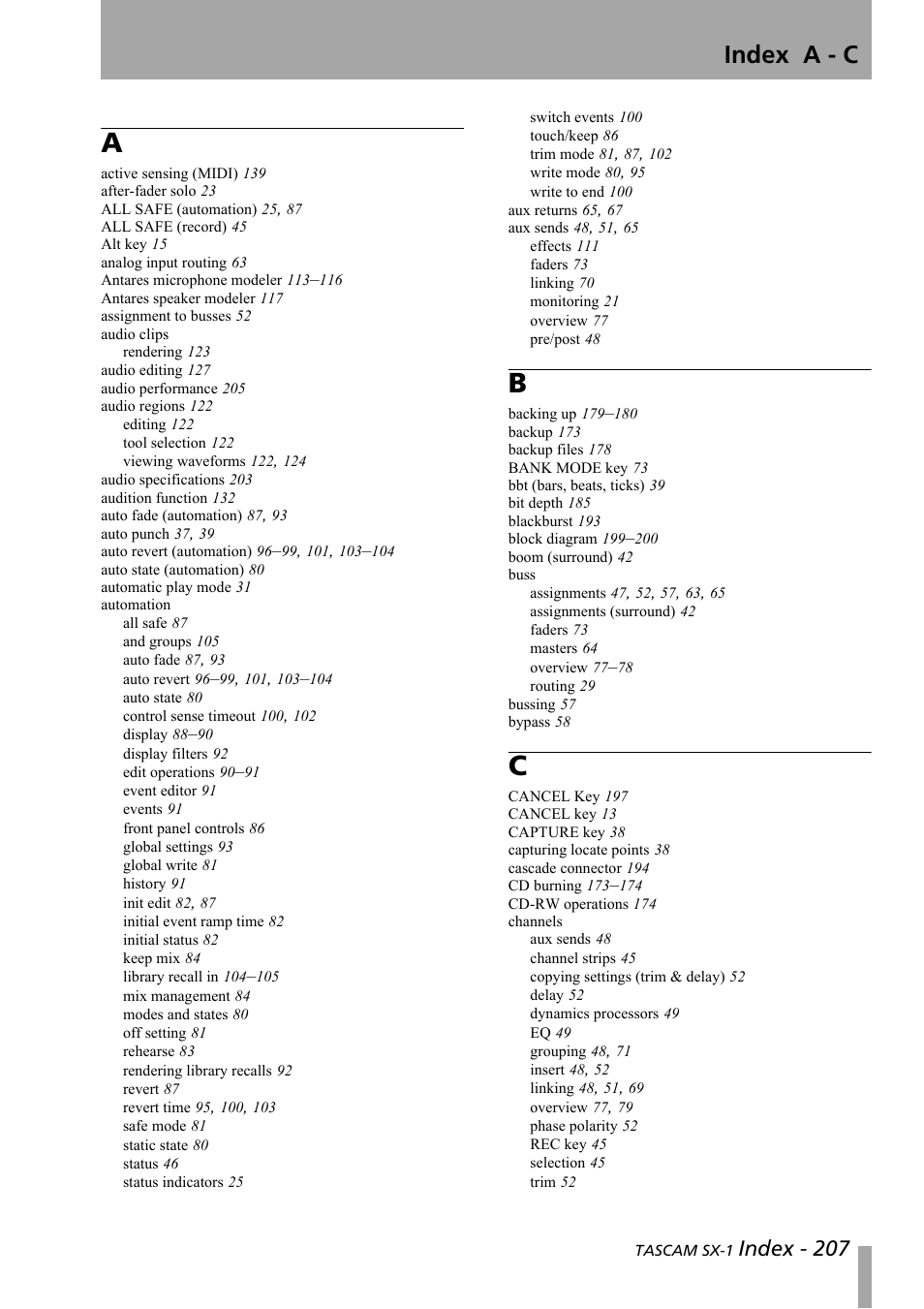 Index a - c, Index - 207 | Teac SX-1 Reference Manual User Manual | Page 207 / 213