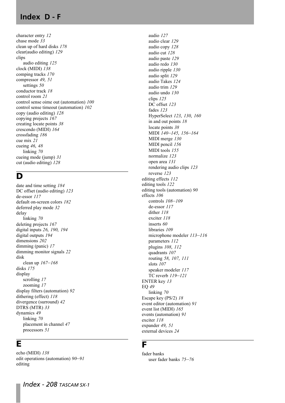 Index d - f, Index - 208 | Teac SX-1 Reference Manual User Manual | Page 208 / 213