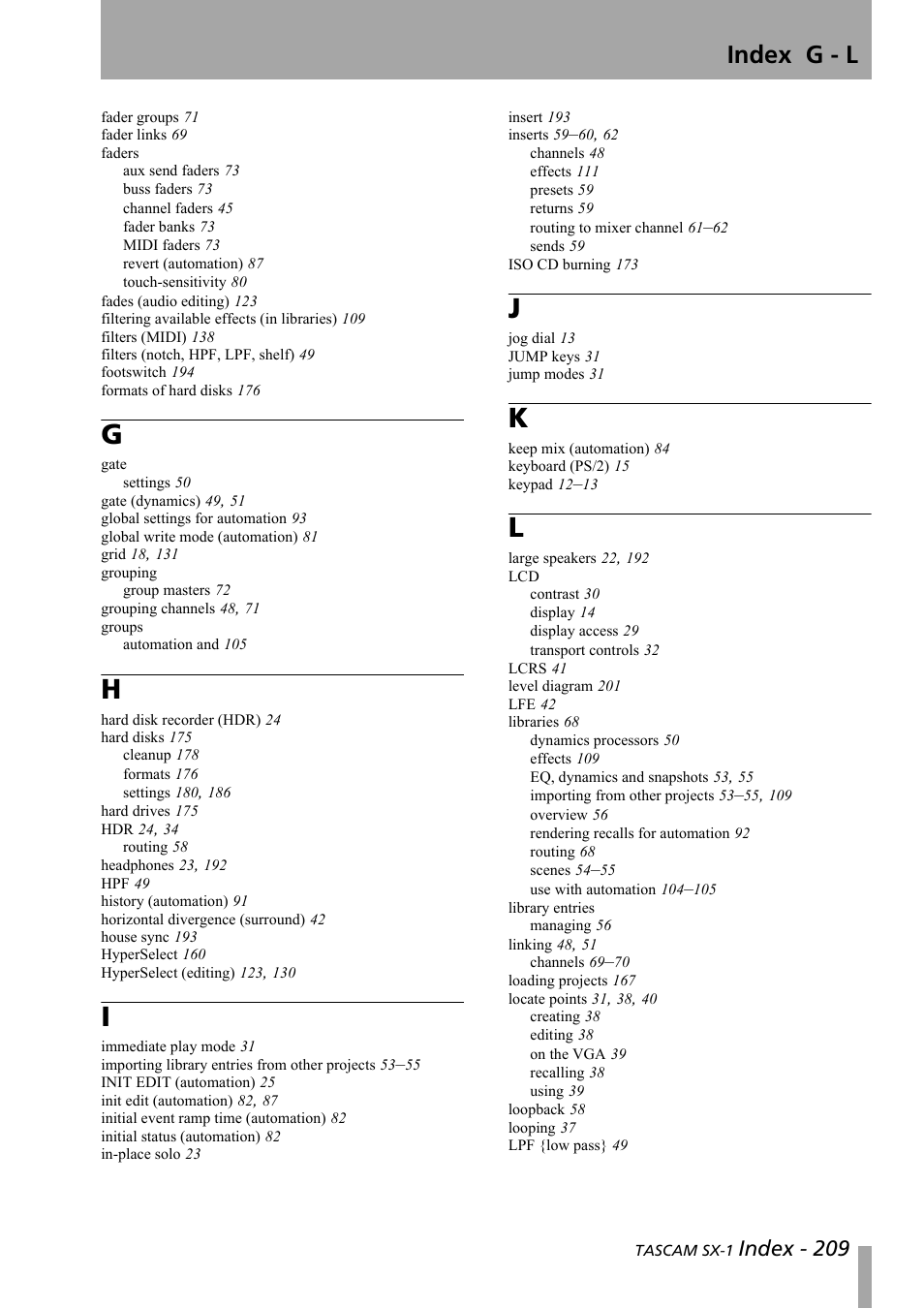 Index g - l, Index - 209 | Teac SX-1 Reference Manual User Manual | Page 209 / 213