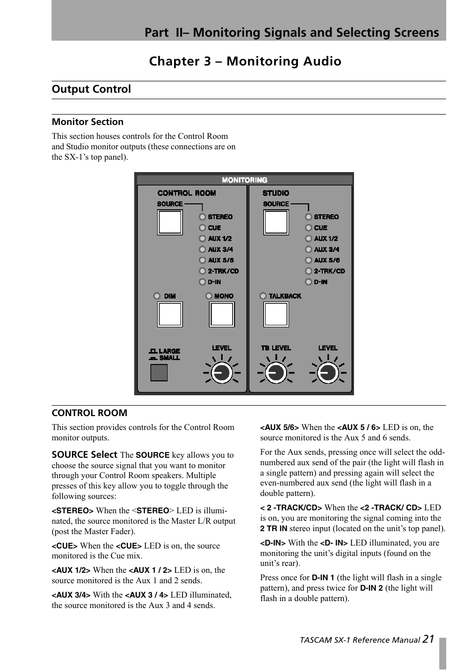 Part ii– monitoring signals and selecting screens, Chapter 3 – monitoring audio, Output control | Monitor section, Control room | Teac SX-1 Reference Manual User Manual | Page 21 / 213