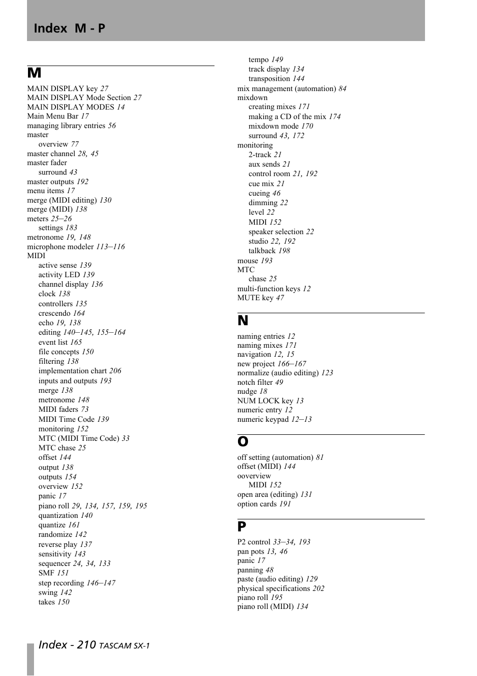 Index m - p, Index - 210 | Teac SX-1 Reference Manual User Manual | Page 210 / 213