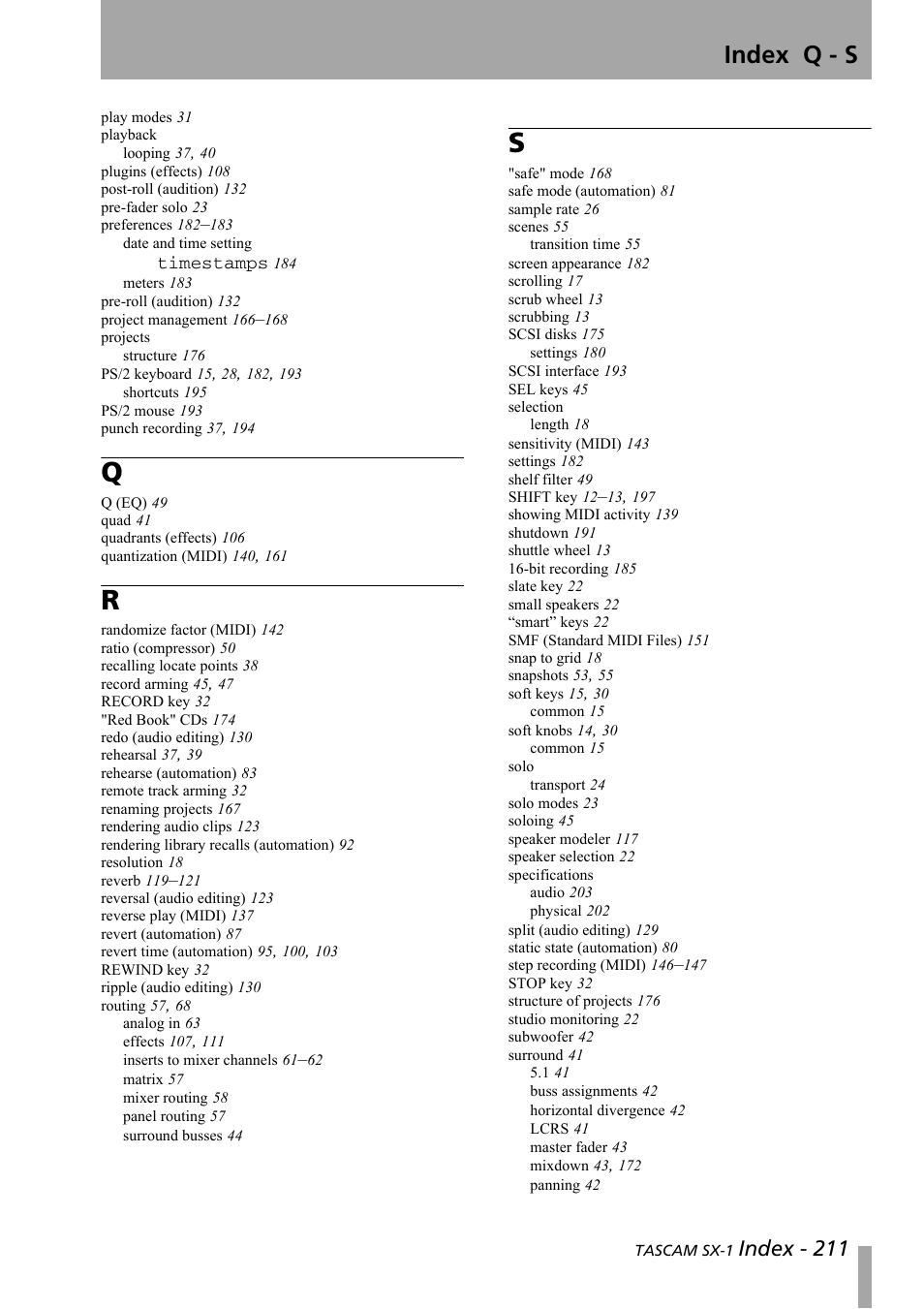 Index q - s, Index - 211 | Teac SX-1 Reference Manual User Manual | Page 211 / 213