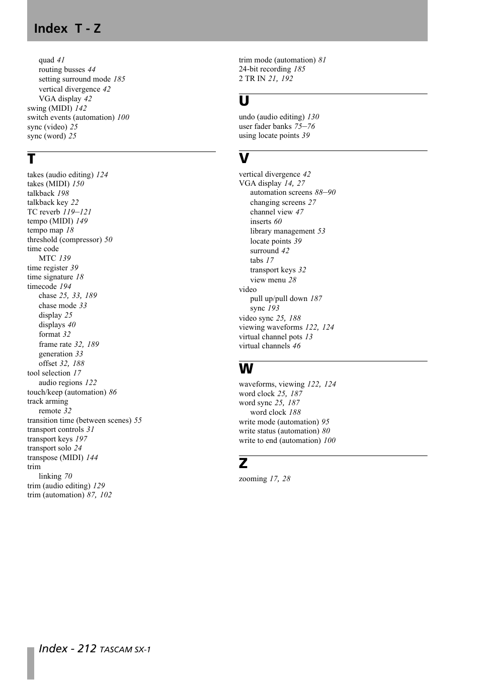 Index t - z, Index - 212 | Teac SX-1 Reference Manual User Manual | Page 212 / 213