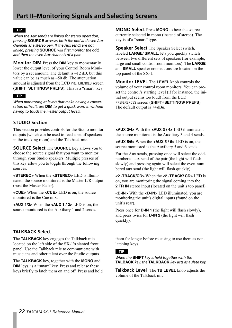 Studio section, Talkback select, Part ii–monitoring signals and selecting screens | Teac SX-1 Reference Manual User Manual | Page 22 / 213