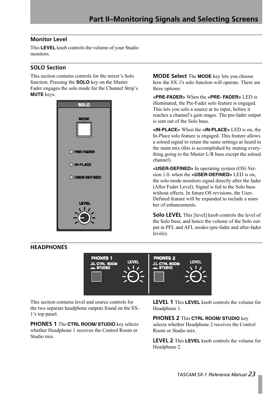 Monitor level, Solo section, Headphones | Part ii–monitoring signals and selecting screens | Teac SX-1 Reference Manual User Manual | Page 23 / 213