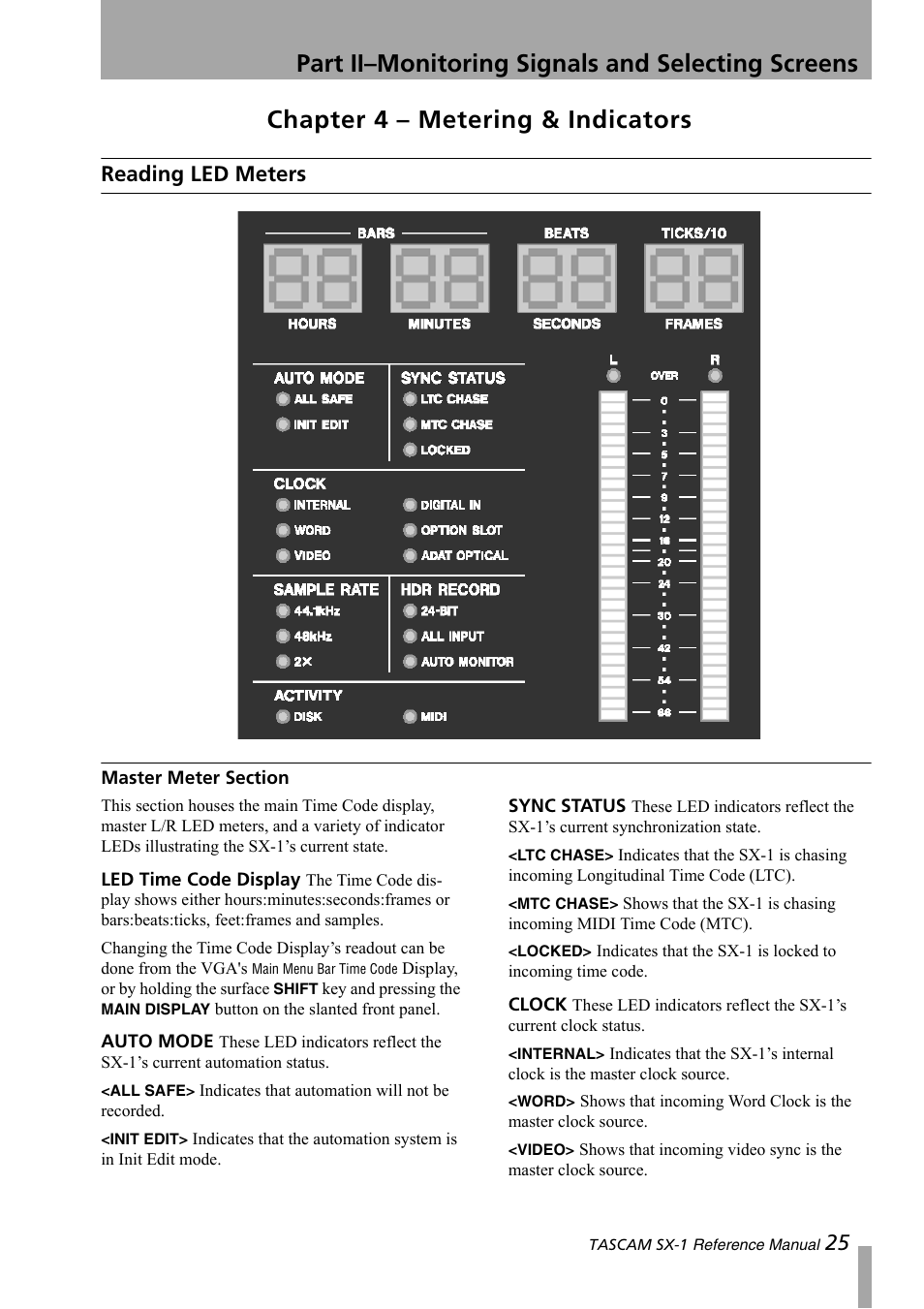 Chapter 4 – metering & indicators, Reading led meters, Master meter section | Part ii–monitoring signals and selecting screens | Teac SX-1 Reference Manual User Manual | Page 25 / 213