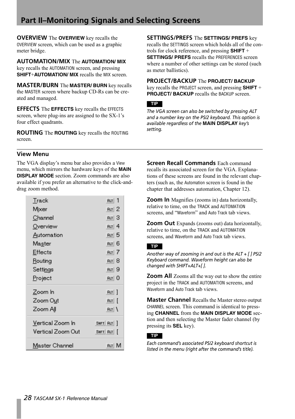 View menu, Part ii–monitoring signals and selecting screens | Teac SX-1 Reference Manual User Manual | Page 28 / 213